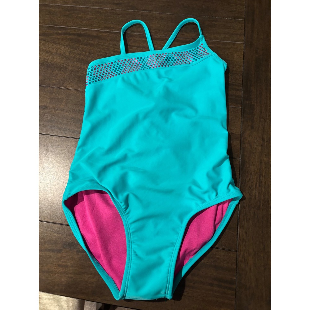 Xhilaration Girls Aqua Blue Pink Studded One Piece Swimsuit Size M 7-8